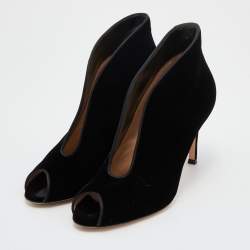 Pre Owned Gianvito Rossi Black Velvet Peep Toe Vamp Ankle Booties Size 37