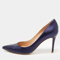 Pre Owned Gianvito Rossi Metallic Navy Blue Leather Pointed Toe Pumps Size 37.5