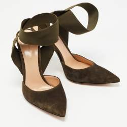 Pre Owned Gianvito Rossi Dark Green Suede  Pointed Ankle Wrap Sandals Size 38