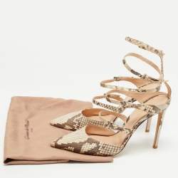Pre Owned Gianvito Rossi Beige/Brown Python Embossed Leather Ankle Strap Pumps Size 39