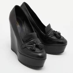 Pre Owned Gianvito Rossi Black Leather Tassel Wedge Pumps Size 37.5