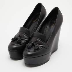 Pre Owned Gianvito Rossi Black Leather Tassel Wedge Pumps Size 37.5