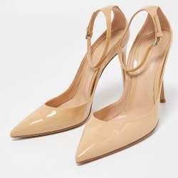 Pre Owned Gianvito Rossi Beige Patent Leather Ankle Strap Pointed Toe Pumps Size 40.5