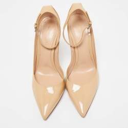 Pre Owned Gianvito Rossi Beige Patent Leather Ankle Strap Pointed Toe Pumps Size 40.5