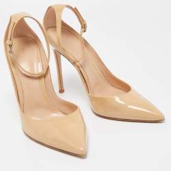 Pre Owned Gianvito Rossi Beige Patent Leather Ankle Strap Pointed Toe Pumps Size 40.5