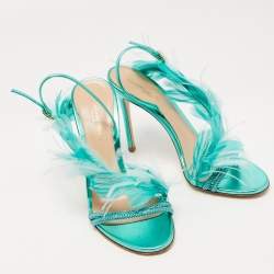 Pre Owned Gianvito Rossi Green Leather and Feather Anthea Sandals Size 38.5