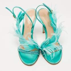 Pre Owned Gianvito Rossi Green Leather and Feather Anthea Sandals Size 38.5
