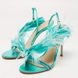 Pre Owned Gianvito Rossi Green Leather and Feather Anthea Sandals Size 38.5