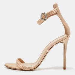Pre Owned Gianvito Rossi Beige Satin Ankle Strap Sandals Size 38.5