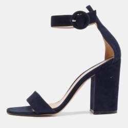 Pre Owned Gianvito Rossi Navy Blue Suede Portofino Ankle Strap Sandals Size 37.5