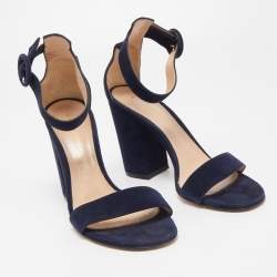 Pre Owned Gianvito Rossi Navy Blue Suede Portofino Ankle Strap Sandals Size 37.5