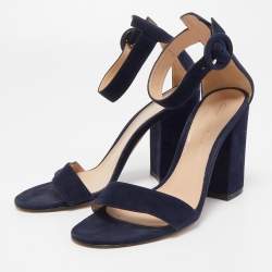 Pre Owned Gianvito Rossi Navy Blue Suede Portofino Ankle Strap Sandals Size 37.5