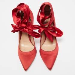 Pre Owned Gianvito Rossi Red Satin Gala Ankle Tie Pumps Size 38