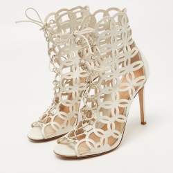 Pre Owned Gianvito Rossi White Cutout Leather Lace Up Peep Toe Sandals Size 38