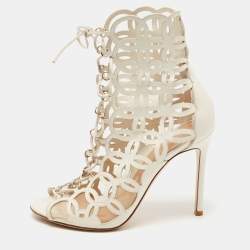 Pre Owned Gianvito Rossi White Cutout Leather Lace Up Peep Toe Sandals Size 38