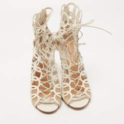 Pre Owned Gianvito Rossi White Cutout Leather Lace Up Peep Toe Sandals Size 38