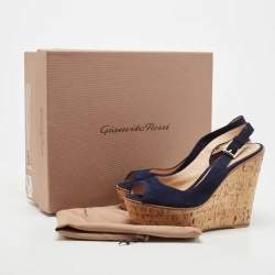 Pre Owned Gianvito Rossi Navy Blue Suede Leather Cork Wedge Peep Toe Platform Slingback Sandals Size 38.5