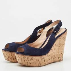Pre Owned Gianvito Rossi Navy Blue Suede Leather Cork Wedge Peep Toe Platform Slingback Sandals Size 38.5