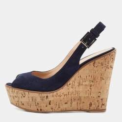 Pre Owned Gianvito Rossi Navy Blue Suede Leather Cork Wedge Peep Toe Platform Slingback Sandals Size 38.5