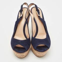 Pre Owned Gianvito Rossi Navy Blue Suede Leather Cork Wedge Peep Toe Platform Slingback Sandals Size 38.5