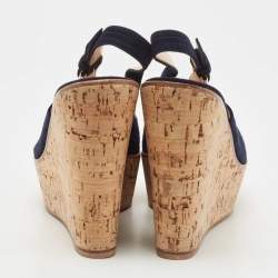 Pre Owned Gianvito Rossi Navy Blue Suede Leather Cork Wedge Peep Toe Platform Slingback Sandals Size 38.5