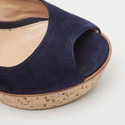 Pre Owned Gianvito Rossi Navy Blue Suede Leather Cork Wedge Peep Toe Platform Slingback Sandals Size 38.5