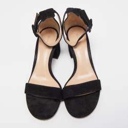Pre Owned Gianvito Rossi Black Suede Portofino Ankle Strap Block Heel Sandals Size 38