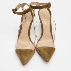 Pre Owned Gianvito Rossi Green/Transparent Suede and PVC Ankle Strap Pointed Toe Pumps Size 39