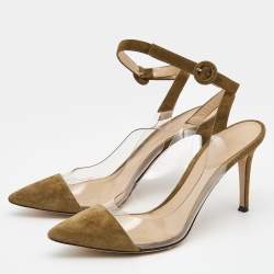 Pre Owned Gianvito Rossi Green/Transparent Suede and PVC Ankle Strap Pointed Toe Pumps Size 39