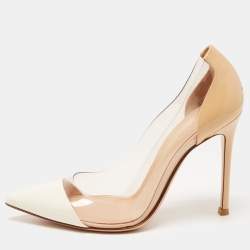 Pre Owned Gianvito Rossi White/Beige Patent Leather and PVC Plexi Pumps Size 35