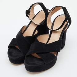 Pre Owned Gianvito Rossi Black Suede Block Heel Ankle Strap Sandals Size 39