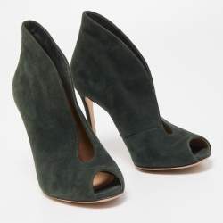 Pre Owned Gianvito Rossi Dark Green Suede Vamp Peep Toe Booties Size 35.5