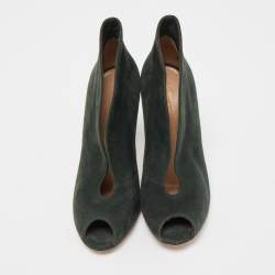 Pre Owned Gianvito Rossi Dark Green Suede Vamp Peep Toe Booties Size 35.5