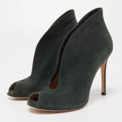 Pre Owned Gianvito Rossi Dark Green Suede Vamp Peep Toe Booties Size 35.5