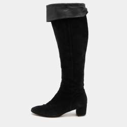 Pre Owned Gianvito Rossi Black Suede and Leather Knee Length Boots Size 38.5