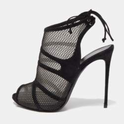 Gianvito Rossi Black Suede and Mesh Peep Toe Ankle Sandals Size 37.5
