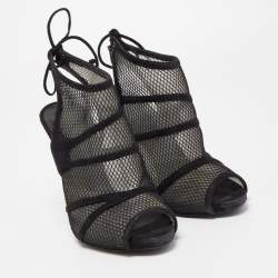 Gianvito Rossi Black Suede and Mesh Peep Toe Ankle Sandals Size 37.5