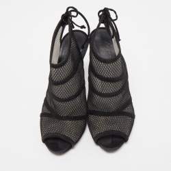 Gianvito Rossi Black Suede and Mesh Peep Toe Ankle Sandals Size 37.5