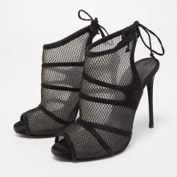 Gianvito Rossi Black Suede and Mesh Peep Toe Ankle Sandals Size 37.5