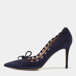 Pre Owned Gianvito Rossi Blue Suede Lace Bow Pointed Toe Pumps Size 39