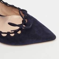 Pre Owned Gianvito Rossi Blue Suede Lace Bow Pointed Toe Pumps Size 39