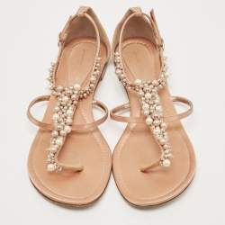 Pre Owned Gianvito Rossi Pink Satin Faux Pearl Embellished T-Strap Flat Sandals Size 38.5