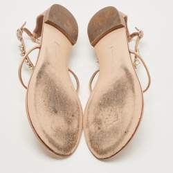 Pre Owned Gianvito Rossi Pink Satin Faux Pearl Embellished T-Strap Flat Sandals Size 38.5