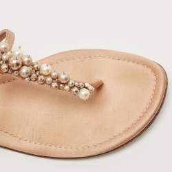 Pre Owned Gianvito Rossi Pink Satin Faux Pearl Embellished T-Strap Flat Sandals Size 38.5