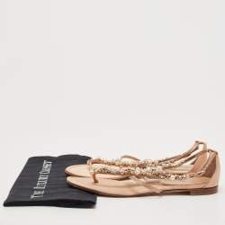 Pre Owned Gianvito Rossi Pink Satin Faux Pearl Embellished T-Strap Flat Sandals Size 38.5