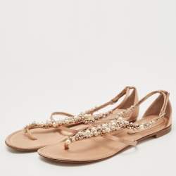 Pre Owned Gianvito Rossi Pink Satin Faux Pearl Embellished T-Strap Flat Sandals Size 38.5