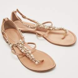 Pre Owned Gianvito Rossi Pink Satin Faux Pearl Embellished T-Strap Flat Sandals Size 38.5