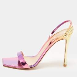 Pre Owned Gianvito Rossi Pink/Gold Foil Leather Ribbon Stiletto Ankle Strap Sandals Size 39