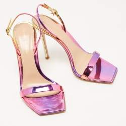 Pre Owned Gianvito Rossi Pink/Gold Foil Leather Ribbon Stiletto Ankle Strap Sandals Size 39