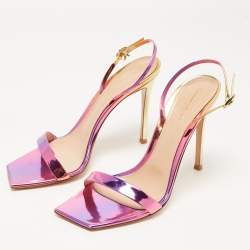 Pre Owned Gianvito Rossi Pink/Gold Foil Leather Ribbon Stiletto Ankle Strap Sandals Size 39